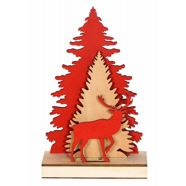 Χριστουγεννιάτικο Επιτραπέζιο Ξύλινο Δεντράκι, με Κόκκινο Τάρανδο και LED (30cm) 